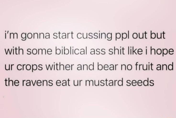 im gonna start cussing ppl out but with some biblical ass shit like i hope ur crops wither and bear no fruit and the ravens eat ur mustard seeds