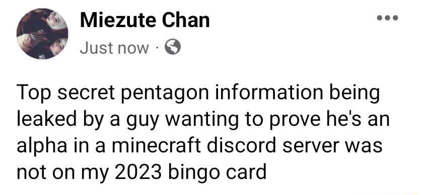 Miezute Chan sgs Just now Top secret pentagon information being leaked by a guy wanting to prove hes an alpha in a minecraft discord server was not on my 2023 bingo card