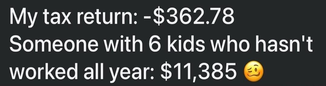 My tax return: -$362.78 Someone with 6 kids who hasn't worked all year: $11,385 😌