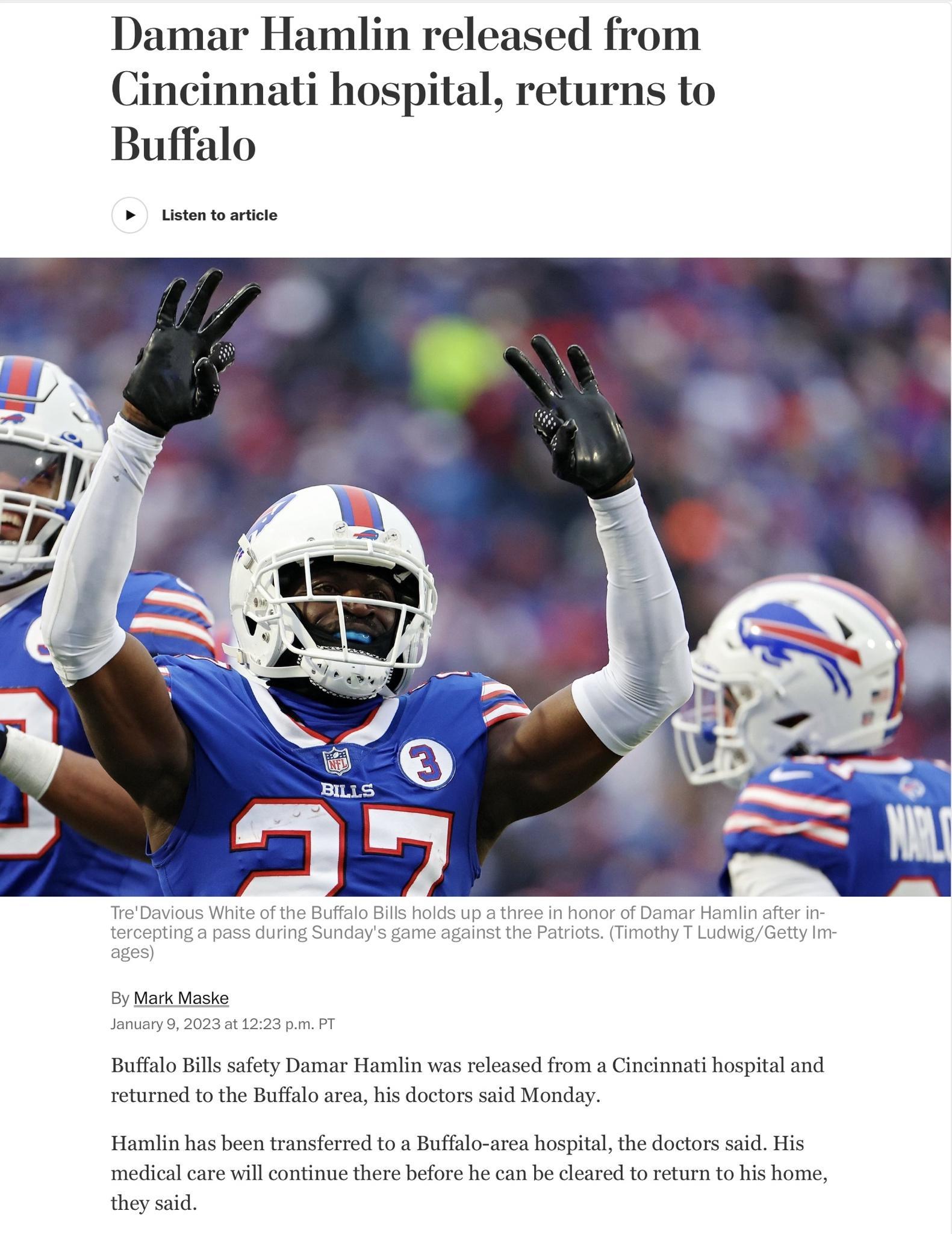 Damar Hamlin released from cinnati hospital returns to Buffalo Bafflo il safty Damar Harnlin was release from Cinimati hospitaland eturned tothe Bufflosre bis dostors sid Monday Hamlin has beentransferrd to s Bofalo area hospital the doctors s His medica care will ot there befre h can be leared to return o hishorne they sid