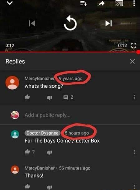 v A N 14 l o2 73 i l g REIES X MercyBamsh whats the song L L I B Ao Far The Days Com etter Box e 2 MercyBanisher 56 minutes ago RUELLEH