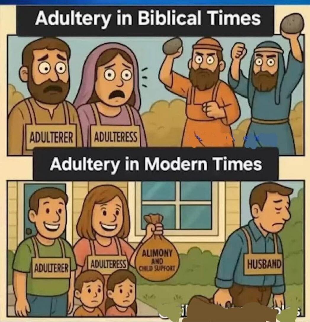 The image is a two-panel comic comparing adultery in biblical times versus modern times. In the top panel, labeled 'Adultery in Biblical Times', an 'ADULTERER' and 'ADULTERESS' look scared while two men prepare to stone them. In the bottom panel, labeled 'Adultery in Modern Times', an 'ADULTERER' and 'ADULTERESS' are smiling, with the adulteress ho