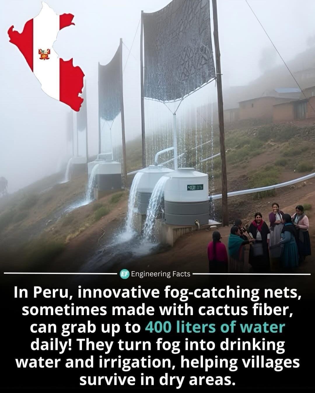 In Peru, innovative fog-catching nets, sometimes made with cactus fiber, can grab up to 400 liters of water daily! They turn fog into drinking water and irrigation, helping villages survive in dry areas.