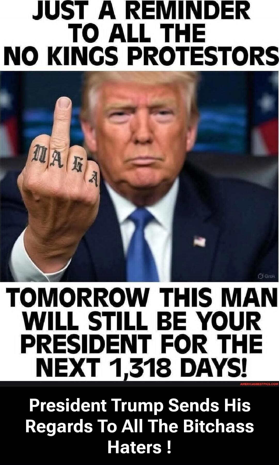JUST A REMINDER TO ALL THE NO KINGS PROTESTORS
TOMORROW THIS MAN WILL STILL BE YOUR PRESIDENT FOR THE NEXT 1,318 DAYS!
President Trump Sends His Regards To All The Bitchass Haters!
