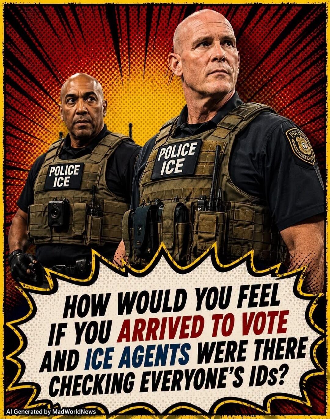 HOW WOULD YOU FEEL IF YOU ARRIVED TO VOTE AND ICE AGENTS WERE THERE CHECKING EVERYONE'S IDS? POLICE ICE. AI Generated by MadWorldNews.