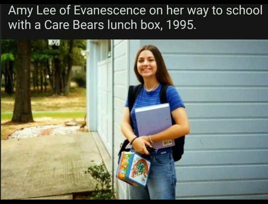 Amy Lee of Evanescence on her way to school with a Care Bears lunch box 1995