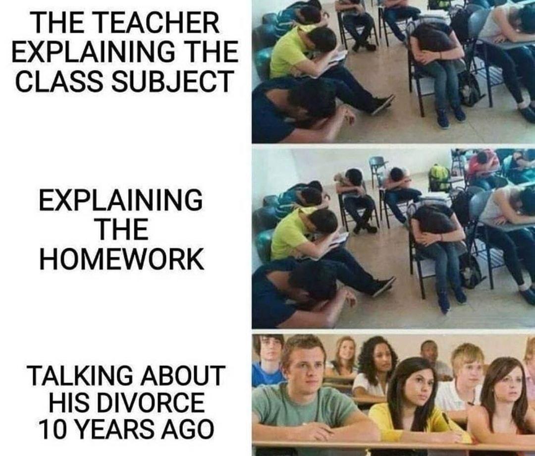 THE TEACHER EXPLAINING THE CLASS SUBJECT EXPLAINING THE HOMEWORK TALKING ABOUT HIS DIVORCE 10 YEARS AGO