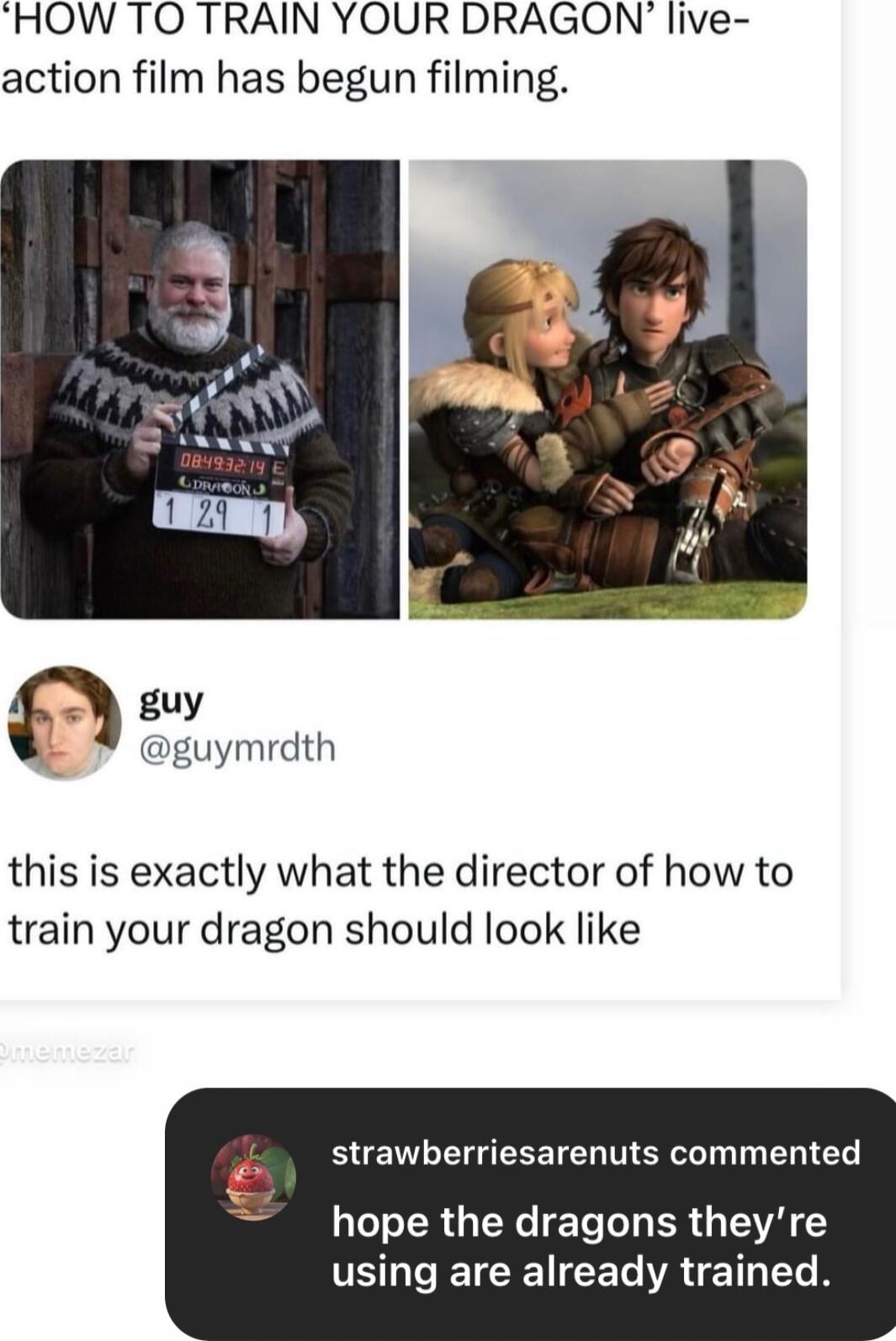 HOW TO TRAIN YOUR DRAGON live action film has begun filming guy guymrdth this is exactly what the director of how to train your dragon should look like strawberriesarenuts commented hope the dragons theyre SO EICECE ATE TG
