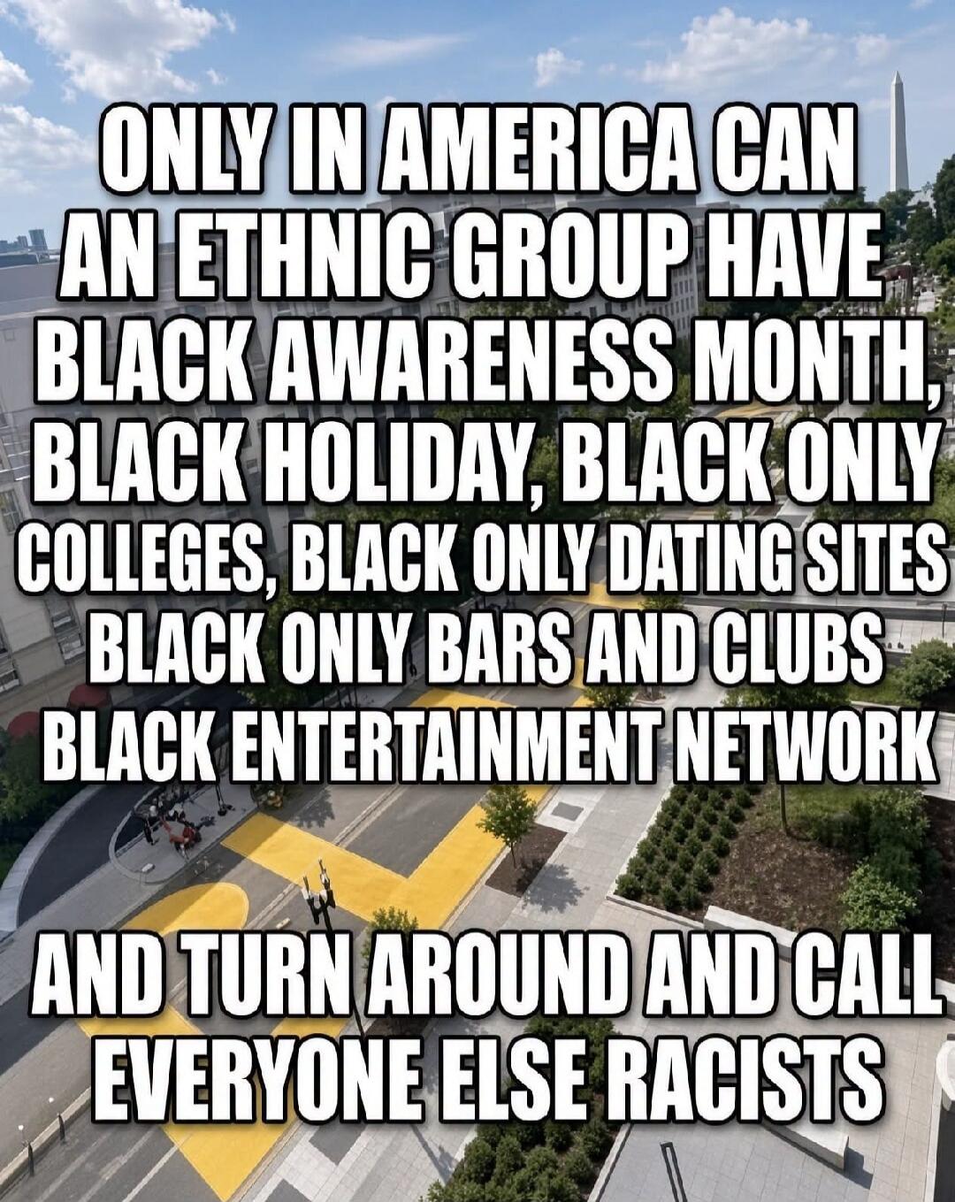 ONLY IN AMERICA CAN AN ETHNIC GROUP HAVE BLACK AWARENESS MONTH, BLACK HOLIDAY, BLACK ONLY COLLEGES, BLACK ONLY DATING SITES, BLACK ONLY BARS AND CLUBS, BLACK ENTERTAINMENT NETWORK AND TURN AROUND AND CALL EVERYONE ELSE RACISTS