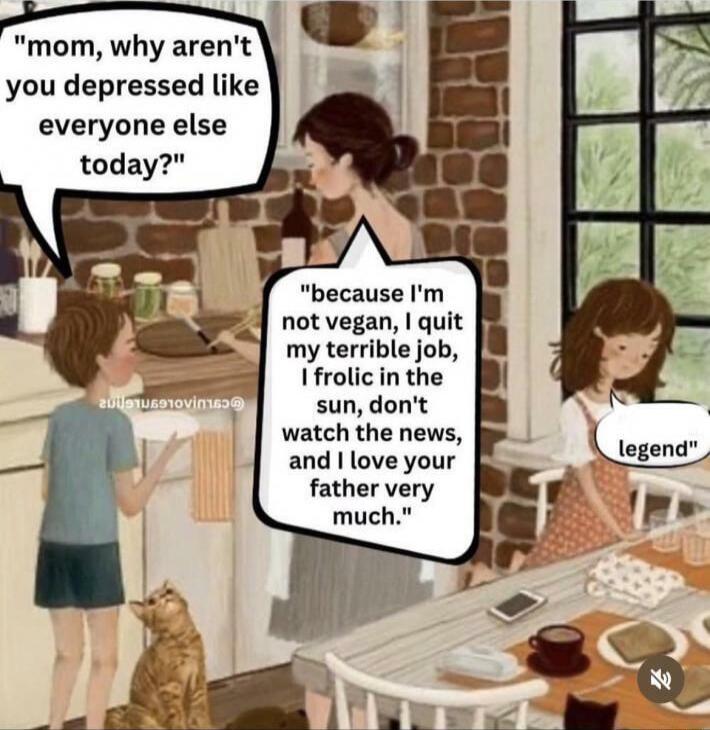 mom why arent you depressed like everyone else my terrible job Ifrolicin the sun dont watch the news and love your father very much