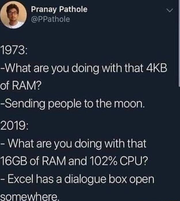 Pranay Pathole v PPathole VSR What are you doing with that 4KB of RAM Sending people to the moon 2019 What are you doing with that 16GB of RAM and 102 CPU CE I ESETe Ellele WY oloyelolTa somewhere