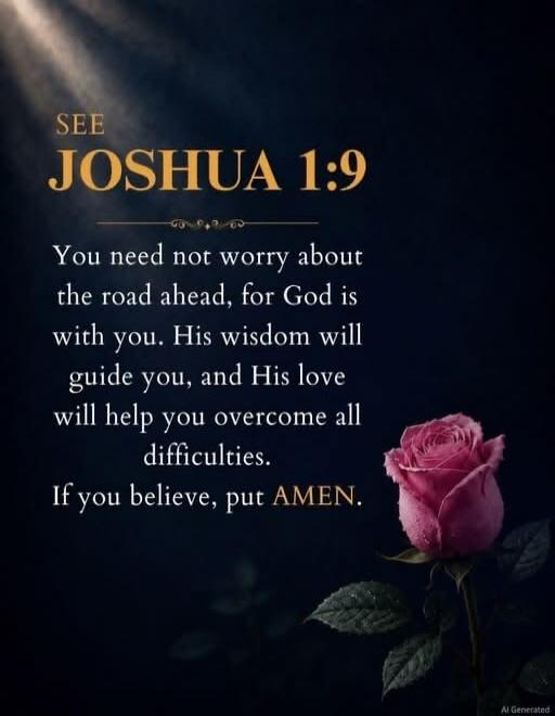 SEE JOSHUA 1:9 You need not worry about the road ahead, for God is with you. His wisdom will guide you, and His love will help you overcome all difficulties. If you believe, put AMEN.