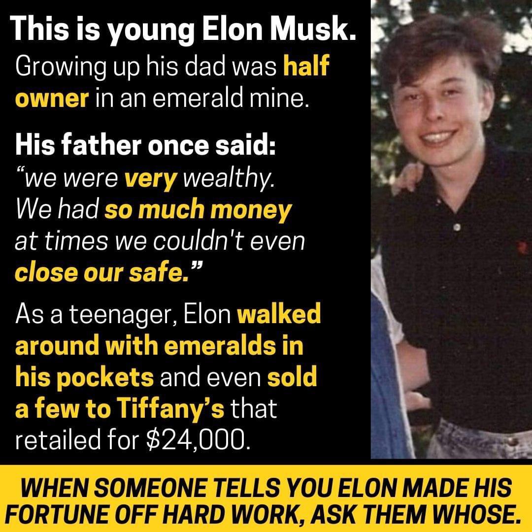 RER B aoa s This is young Elon Musk _ B Growing up his dad was half s owner in an emerald mine His father once said NN CICYC AVEE L We had so much money at times we couldnt even close our safe As a teenager Elon walked around with emeralds in his pockets and even sold a few to Tiffanys that retailed for 24000 Ve WHEN SOMEONE TELLS YOU ELON MADE HIS FORTUNE OFF HARD WORK ASK THEM WHOSE