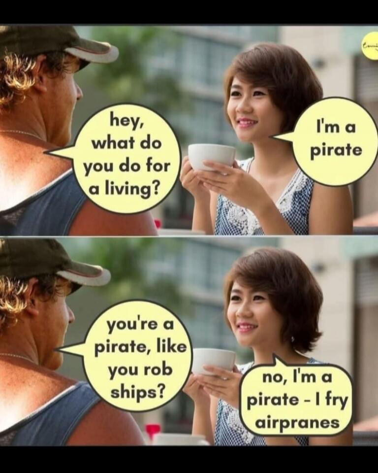 Hey, what do you do for a living? I'm a pirate. You're a pirate, like you rob ships? No, I'm a pirate - I fry airpranes.