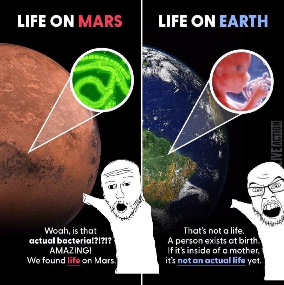 LIFE ON LIFE ON EARTH Woah is that actual bacteria AMAZING We found on Mars Thats not a life A person exists at birth If its inside of a mother its not an actual life yet