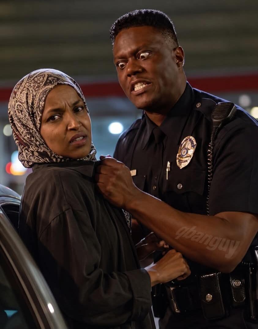A police officer with an exaggerated, wide-eyed expression is grabbing a woman wearing a hijab by her collar. The woman looks distressed or confused.