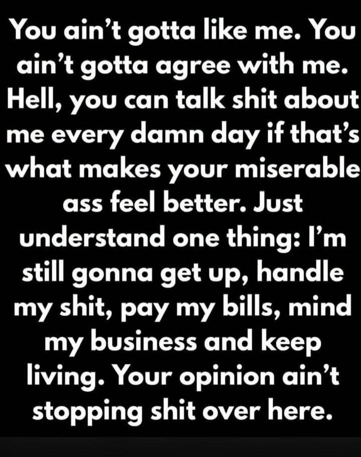 You ain't gotta like me. You ain't gotta agree with me. Hell, you can talk shit about me every damn day if that's what makes your miserable ass feel better. Just understand one thing: I'm still gonna get up, handle my shit, pay my bills, mind my business and keep living. Your opinion ain't stopping shit over here.