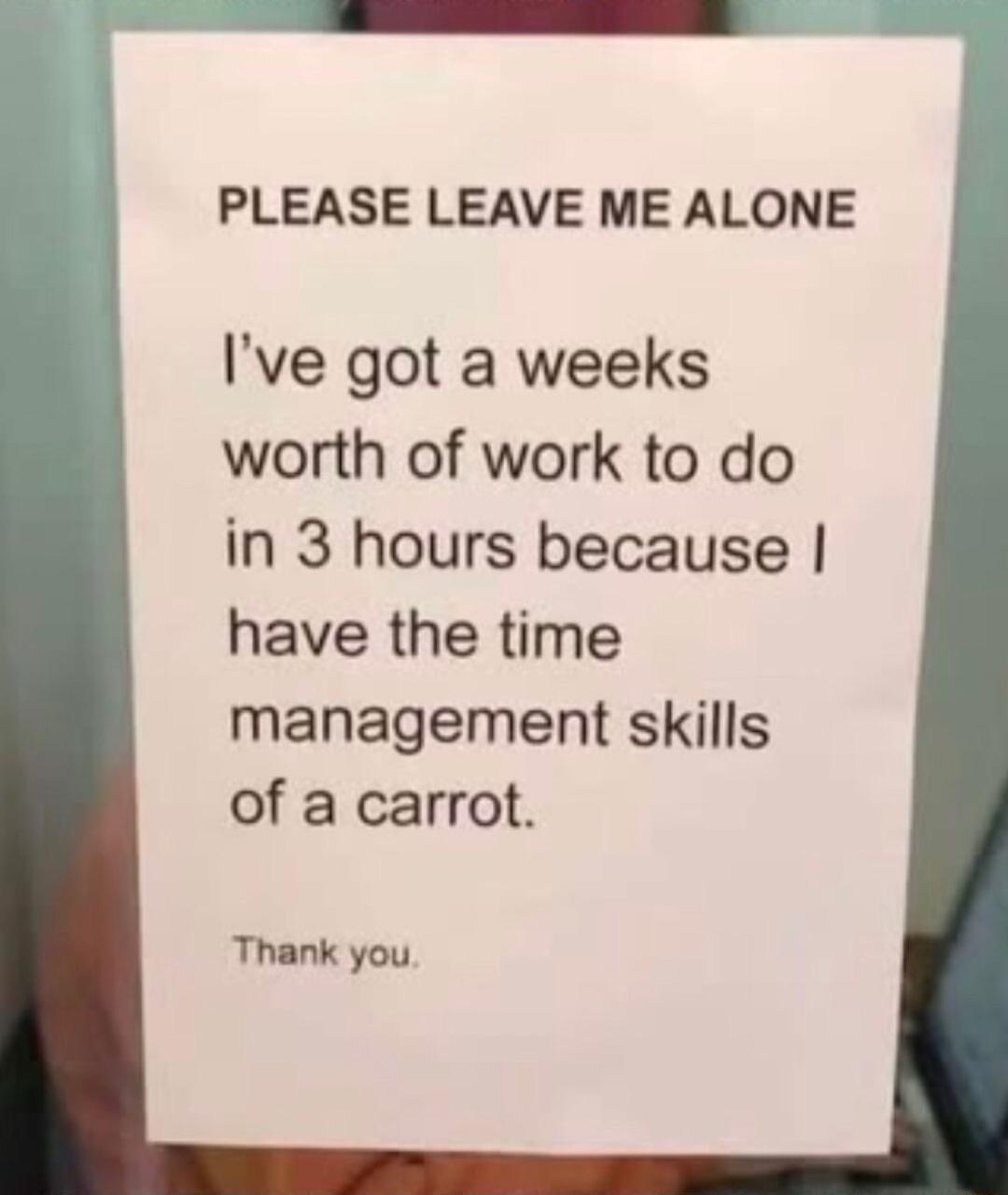 b PLEASE LEAVE ME ALONE Ive got a weeks worth of work to do in 3 hours because have the time management skills of a carrot Thank you