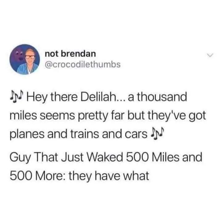 not brendan crocodilethumbs I Hey there Delilah a thousand miles seems pretty far but theyve got planes and trains and cars 3 Guy That Just Waked 500 Miles and 500 More they have what