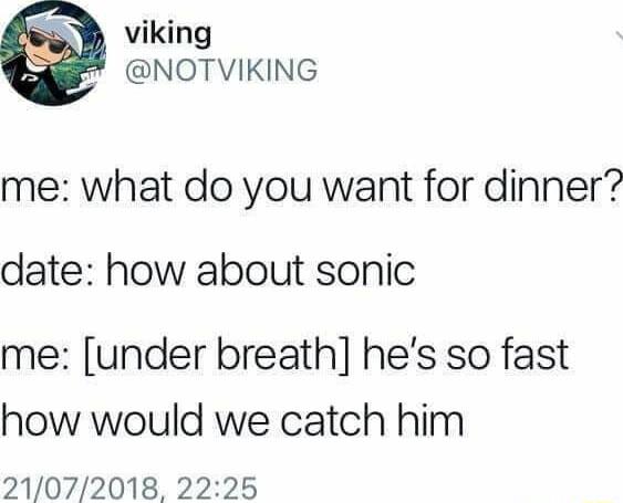 viking NOTVIKING me what do you want for dinner date how about sonic me under breath hes so fast how would we catch him 21072018 2225