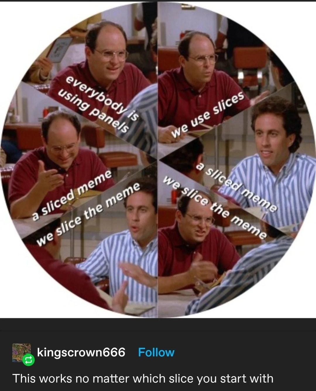i dankmemeuniversity kingscrown666 Follow This works no matter which slice you start with 75530 notes 0 S O 72