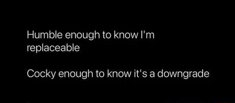 Humble enough to know Im replaceable Cocky enough to know its a downgrade