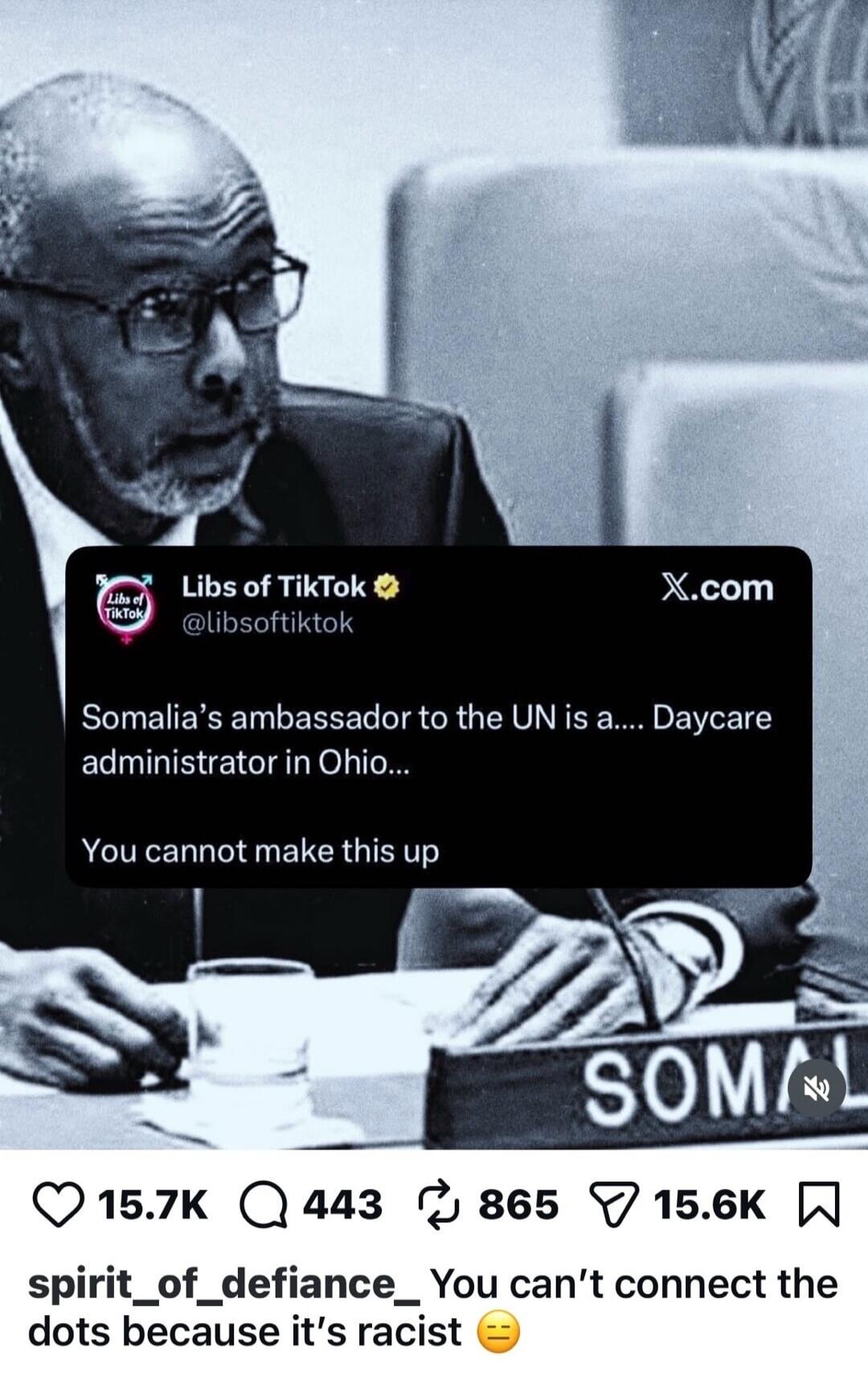 Somalia’s ambassador to the UN is a... Daycare administrator in Ohio... You cannot make this up

spirit_of_defiance_ You can’t connect the dots because it’s racist 😑