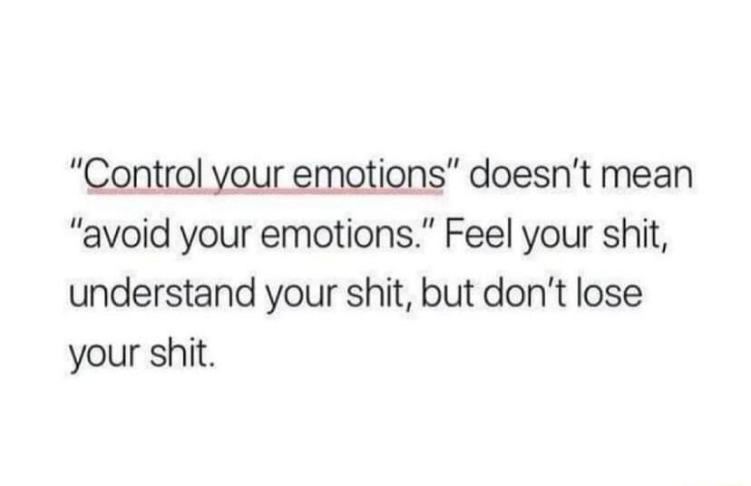 Control your emotions doesnt mean avoid your emotions Feel your shit understand your shit but dont lose your shit