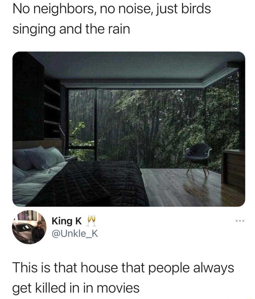 No neighbors no noise just birds singing and the rain ditll King K W Unkle_K This is that house that people always get killed in in movies