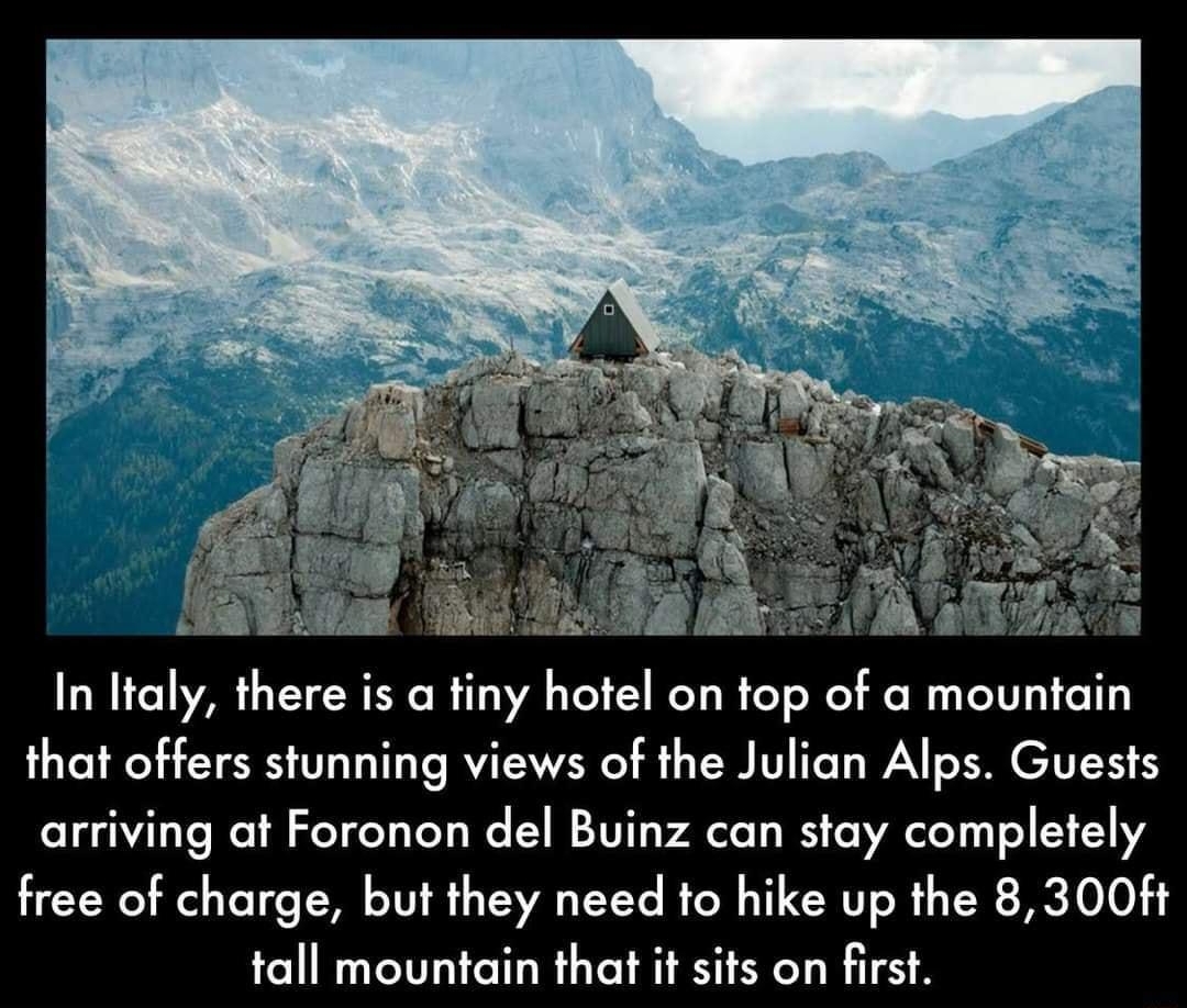 factts In ltaly there is a tiny hotel on top of a mountain that offers stunning views of the Julian Alps Guests arriving at Foronon del Buinz can stay completely free of charge but they need to hike up the 8300ft tall mountain that it sits on first