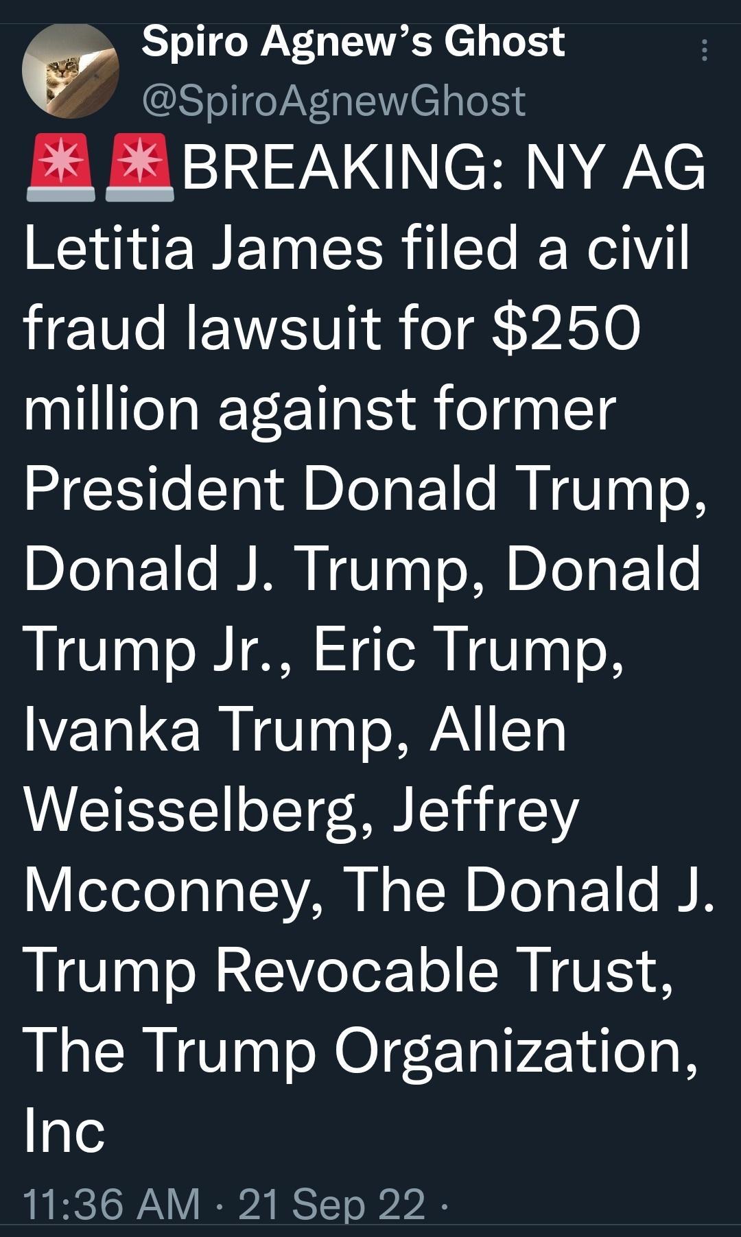 Spiro Agnews Ghost SpiroAgnewGhost BREAKING NY AG Letitia James filed a civil fraud lawsuit for 250 million against former President Donald Trump Donald J Trump Donald Trump Jr Eric Trump lvanka Trump Allen Weisselberg Jeffrey Mcconney The Donald J Trump Revocable Trust The Trump Organization Inc 1136 AM 21 Sep 22
