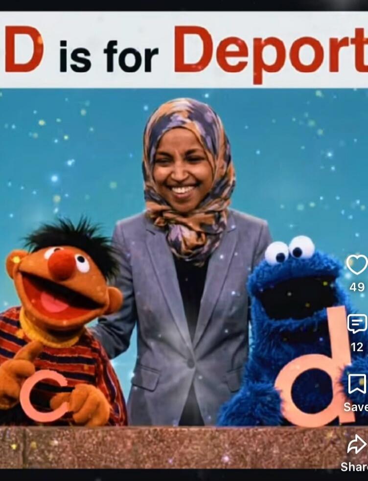 D is for Deport. Ernie holds letter C, Cookie Monster holds letter d. A woman in a hijab smiles between them.