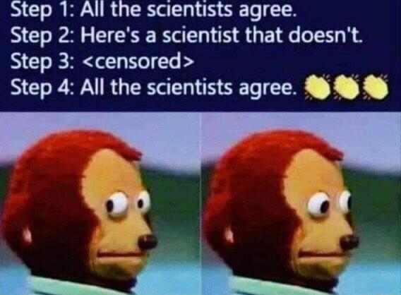 Step 1 All the scientists agree Step 2 Heres a scientist that doesnt Step 3 censored Step 4 All the scientists agree