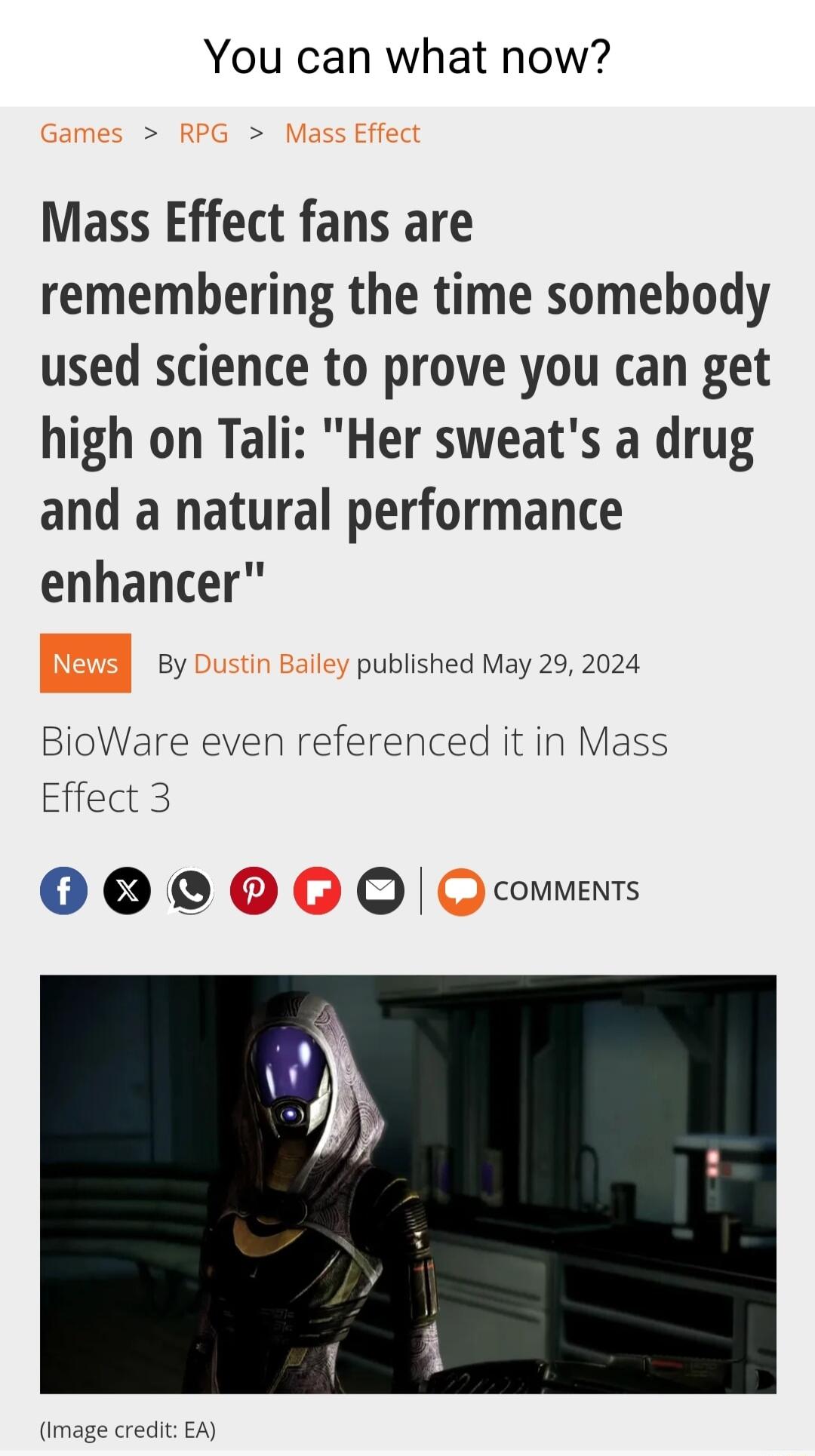 You can what now Mass Effect fans are remembering the time somebody used science to prove you can get high on Tali Her sweats a drug and a natural performance enhancer By published May 29 2024 BioWare even referenced it in Mass Effect 3 00 OC Q Q comments Image cred