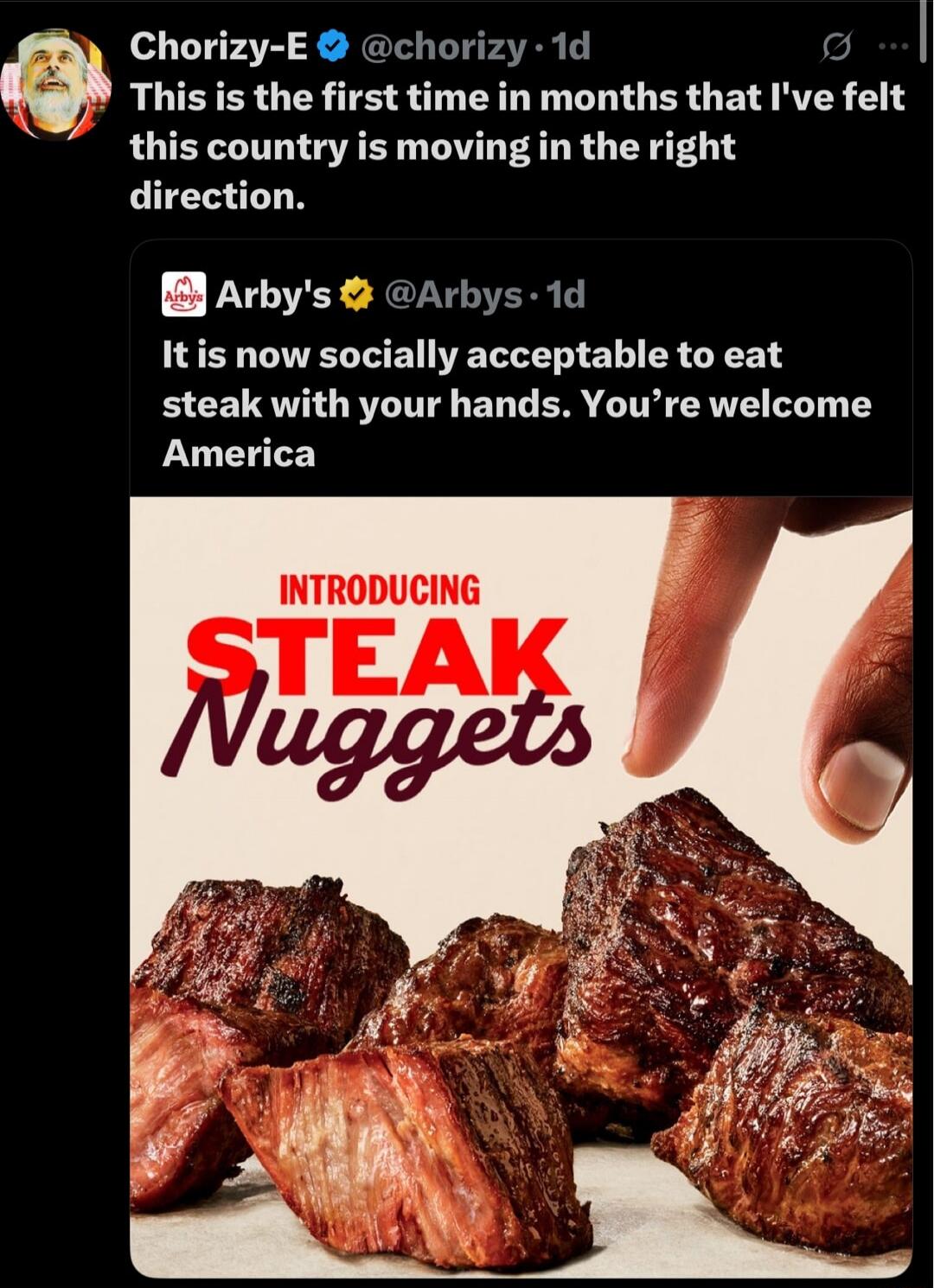 Chorizy-E: This is the first time in months that I've felt this country is moving in the right direction. Arby's: It is now socially acceptable to eat steak with your hands. You're welcome America. INTRODUCING STEAK Nuggets