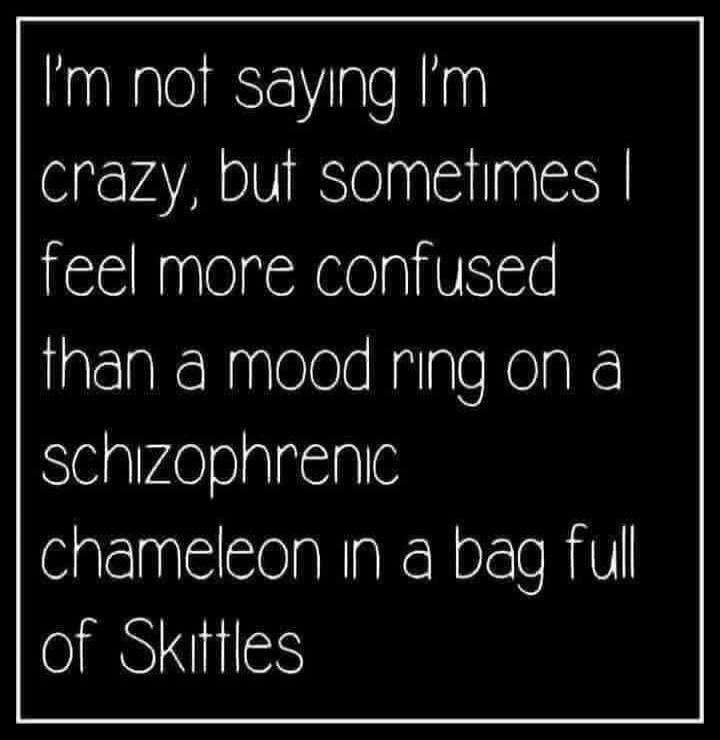 I'm not saying I'm crazy, but sometimes I feel more confused than a mood ring on a schizophrenic chameleon in a bag full of Skittles