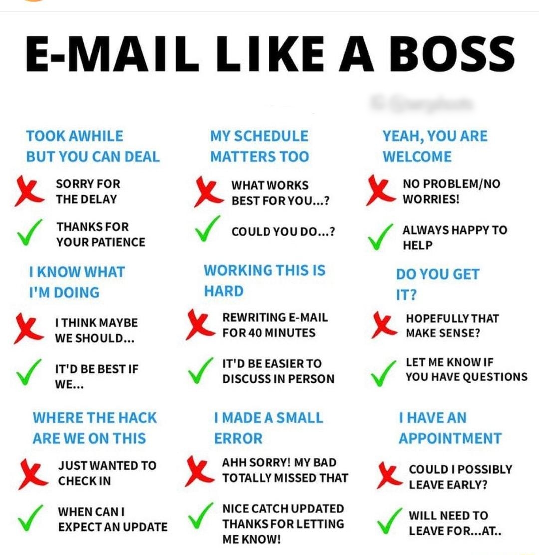 E MAIL LIKE A BOSS TOOK AWHILE BUT YOU CAN DEAL SORRY FOR THE DELAY THANKS FOR YOUR PATIENCE KNOW WHAT IM DOING X v WHERE THE HACK ARE WE ON THIS X I THINK MAYBE WE SHOULD ITD BEBESTIF WE JUSTWANTED TO CHECKIN WHEN CAN EXPECTAN UPDATE MY SCHEDULE MATTERS TOO x WHAT WORKS BESTFORYOU COULD YOU DO WORKING THIS IS HARD X REWRITING E MAIL FOR 40 MINUTES ITD BEEASIERTO DISCUSS IN PERSON I MADEA SMALL ER