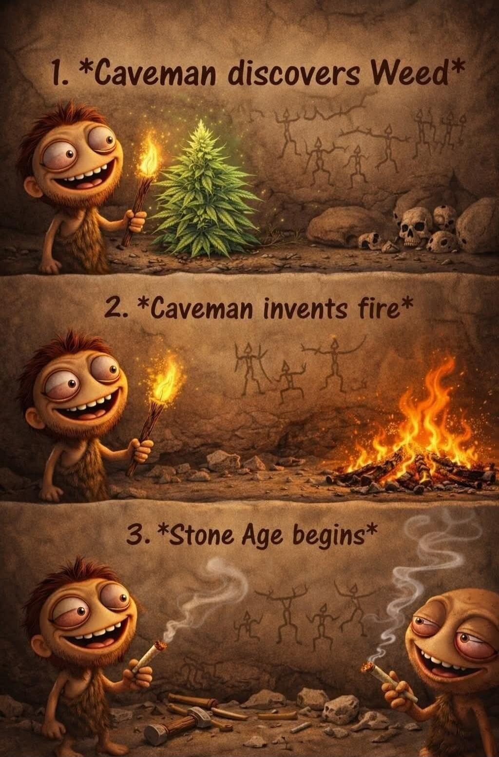 1. *Caveman discovers Weed* 2. *Caveman invents fire* 3. *Stone Age begins*