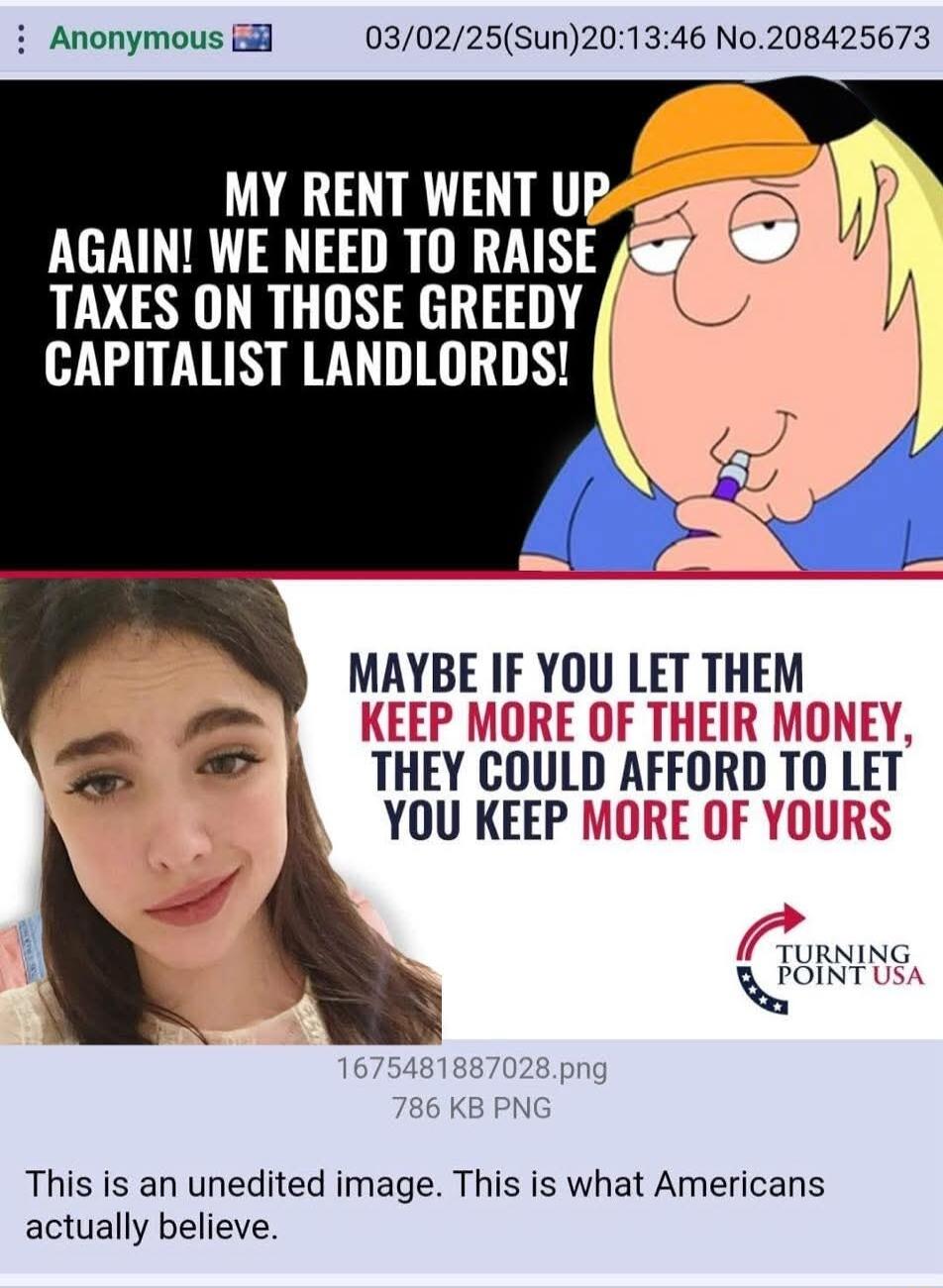 i Anonymous B8l 030225Sun201346 No208425673 MY RENT WENT UB 7 AGAIN WE NEED TO RAISE a9 TAXES ON THOSE GREEDY CAPITALIST LANDLORDS MAYBE IF YOU LET THEM 2 KEEP MORE OF THEIR MONEY THEY CoULD AFFIJRIJ ToLET YOU KEEP M 36 KB PNC This is an unedited image This is what Americans actually believe