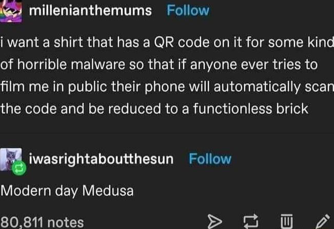 4 millenianthemums Follow i want a shirt that has a QR code on it for some kind of horrible malware so that if anyone ever tries to film me in public their phone will automatically scan the code and be reduced to a functionless brick uiwasrightabouhesun Follow Modern day Medusa N 80811 notes