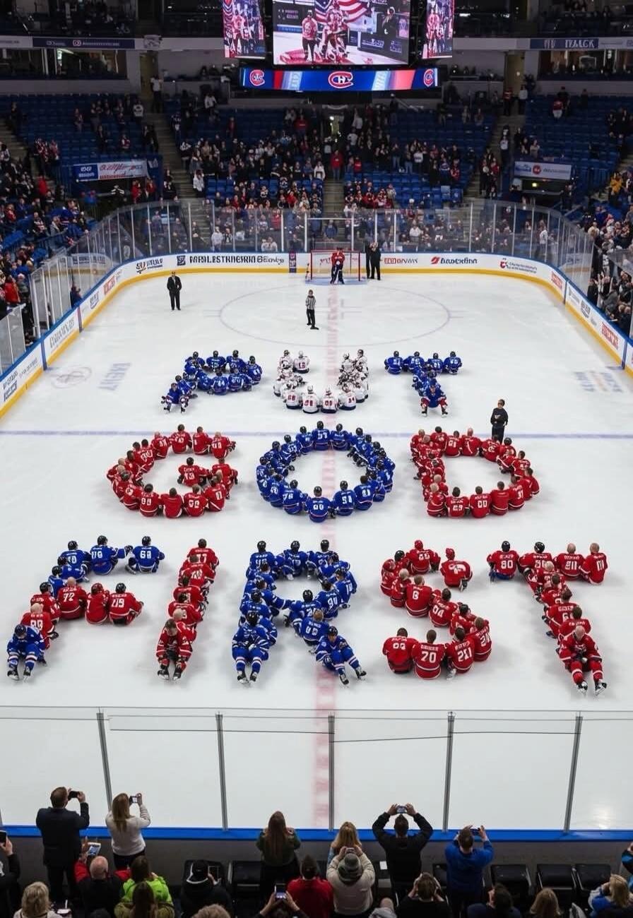 Young hockey players on an ice rink forming the words 'GOD FIRST' with their bodies. Spectators are visible in the stands.