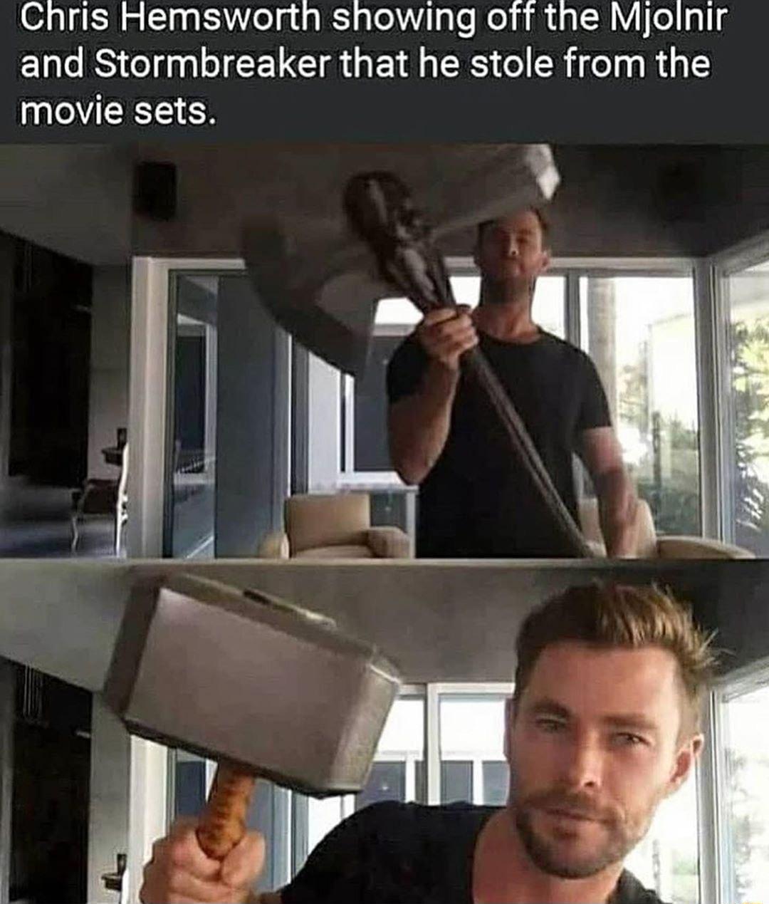Chris Hemsworth showing off the Mjolnir ENCIS I JEECR GE EICIER el R T movie sets