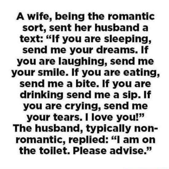 A wife being the romantic sort sent her husband a text If you are sleeping send me your dreams If you are laughing send me your smile If you are eating send me a bite If you are drinking send me a sip If you are crying send me your tears love you The husband typically non romantic replied l am on the toilet Please advise