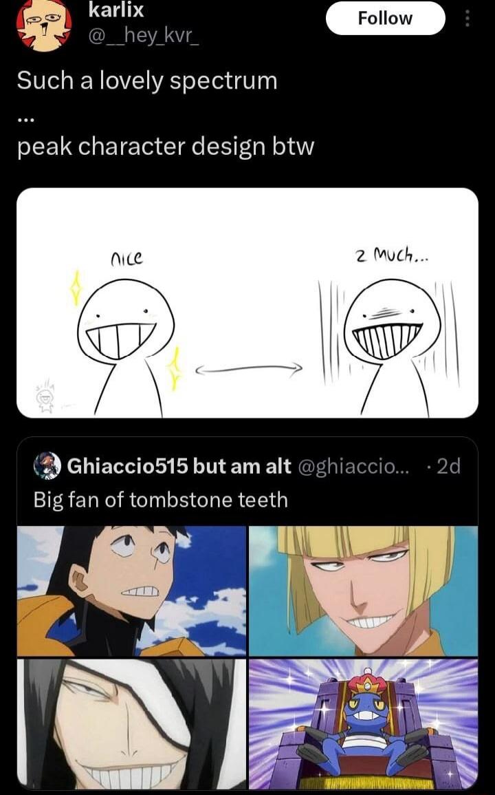 karlix @_hey_kvr_ Follow Such a lovely spectrum ... peak character design btw nice 2 Much... Ghiaccio515 but am alt @ghiaccio... 2d Big fan of tombstone teeth