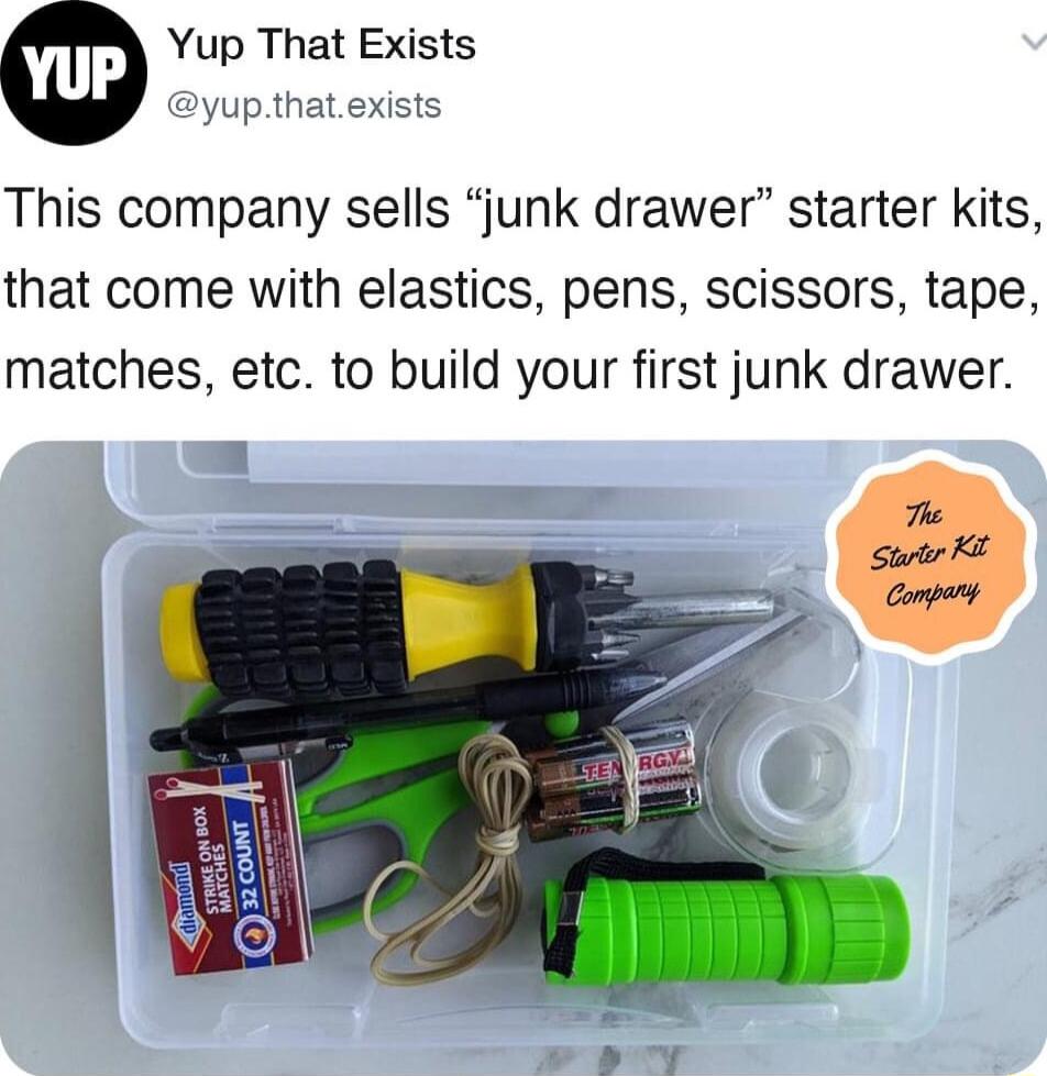 Yup That Exists upthat exists This company sells junk drawer starter kits that come with elastics pens scissors tape matches etc to build your first junk drawer