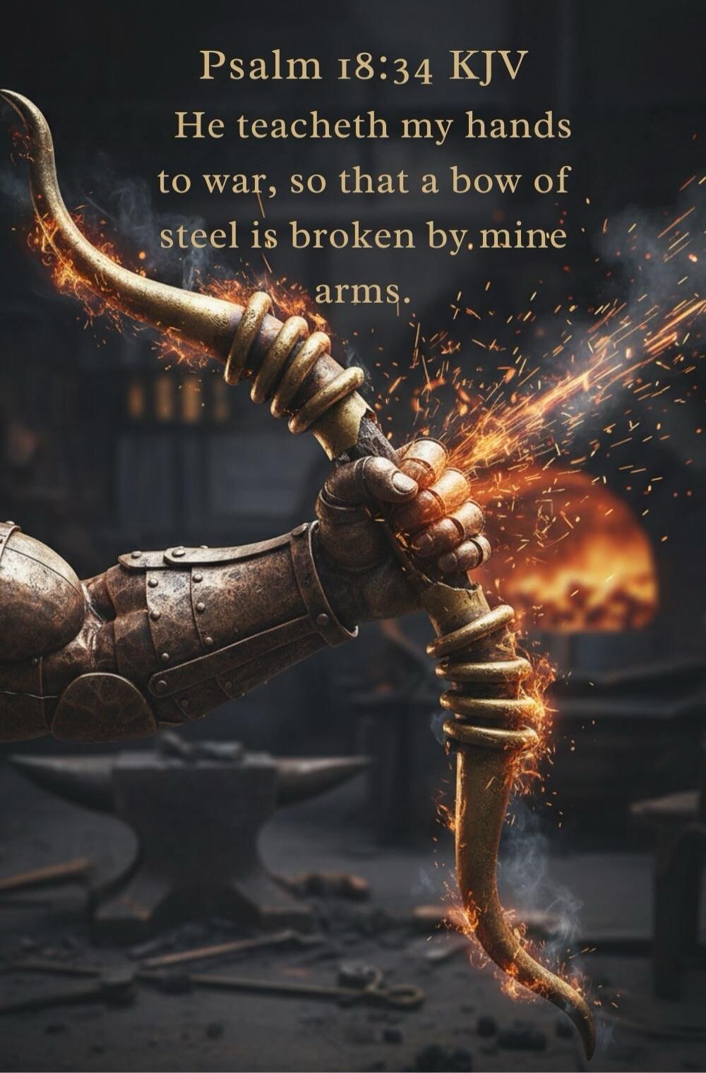 Psalm 18:34 KJV He teacheth my hands to war, so that a bow of steel is broken by mine arms.