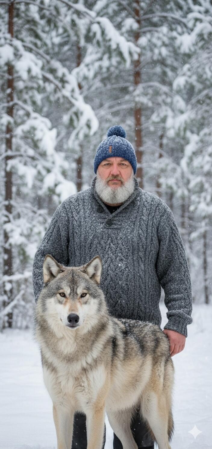 A bearded man in a blue knit hat and a thick gray sweater stands in a snowy forest beside a large wolf-like dog.