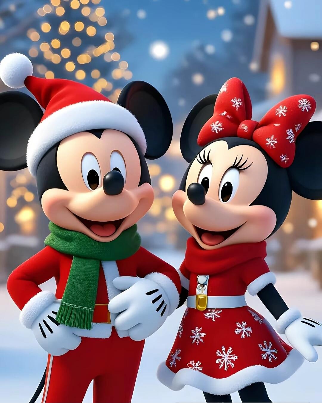 Mickey Mouse and Minnie Mouse in Christmas outfits.