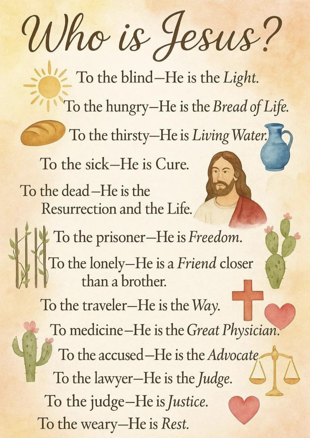 Who is Jesus? To the blind—He is the Light. To the hungry—He is the Bread of Life. To the thirsty—He is Living Water. To the sick—He is Cure. To the dead—He is the Resurrection and the Life. To the prisoner—He is Freedom. To the lonely—He is a Friend closer than a brother. To the traveler—He is the Way. To medicine—He is the Great Physician. To the