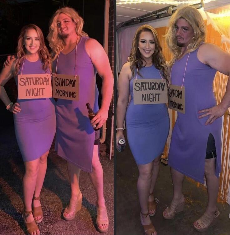 A woman in a blue dress with a sign 'SATURDAY NIGHT' next to a man in a purple dress, blonde wig, and makeup, holding a beer bottle, with a sign 'SUNDAY MORNING'. They are posing for a humorous photo.
